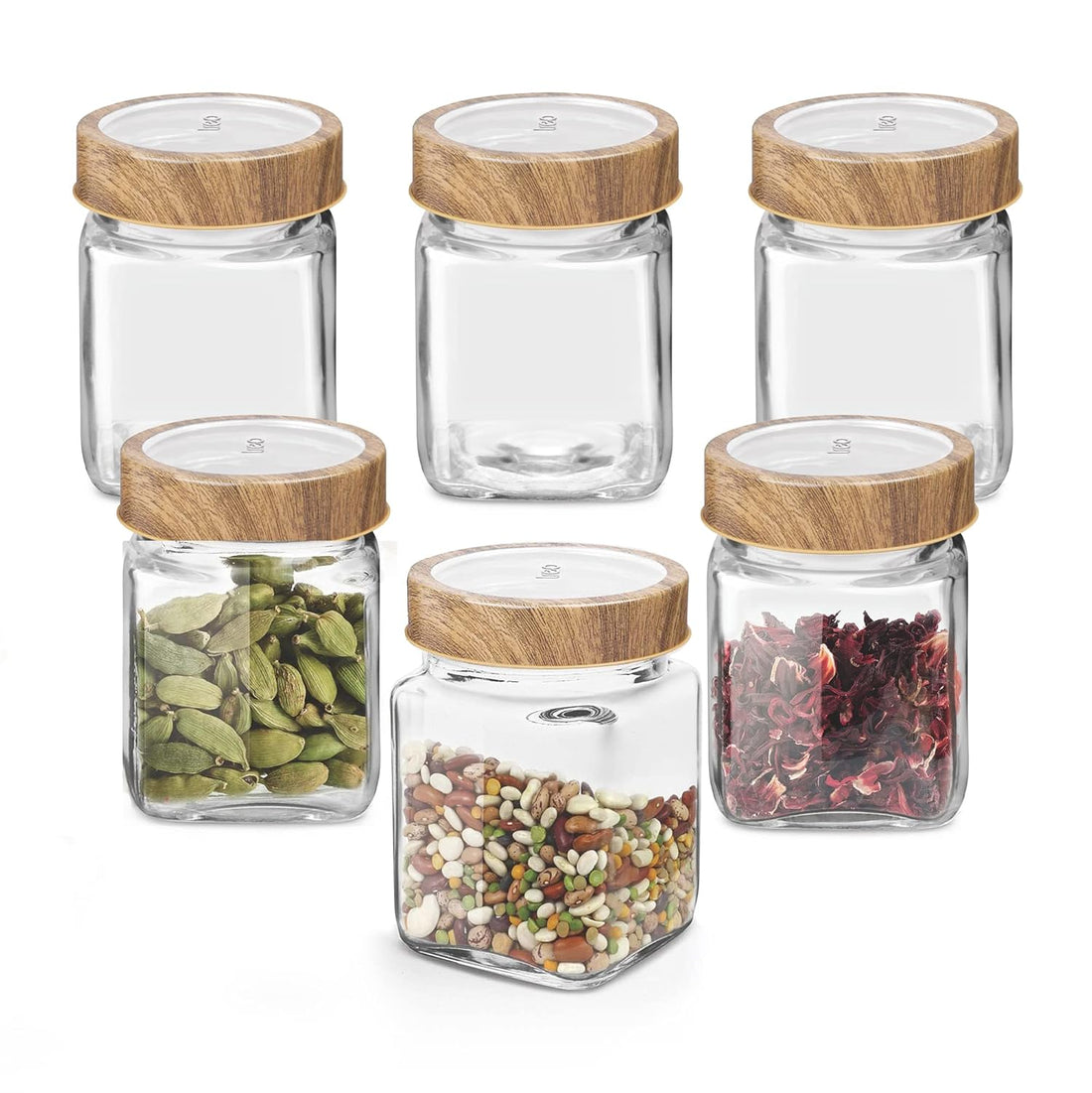 Treo By Milton Woody Cube Storage Glass Jar, Set of 6, 180 ml Each, Transparent | BPA Free | Storage Jar | Kitchen Organizer | Modular | Multipurpose Jar