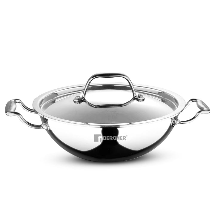 BERGNER Argent TriPly Stainless Steel Kadai with Stainless Steel Lid, Less Oil Use, Healthy Cooking, Food Safe, Stay Cool Cast Handles - Induction and Gas Stove Ready