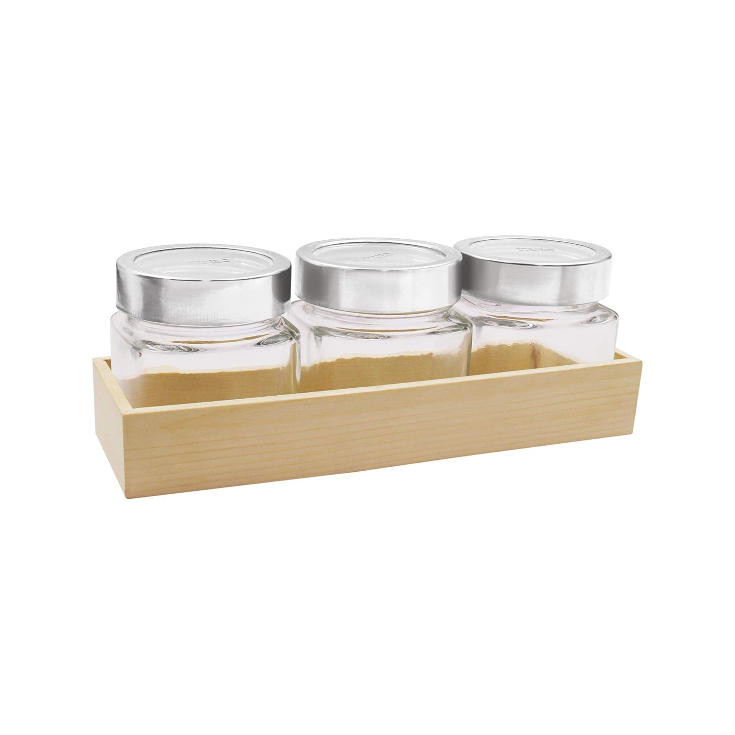 MILTON Treo Cuwood Storage Jar with Wooden Tray Set of 3, 580 Ml, Transparent