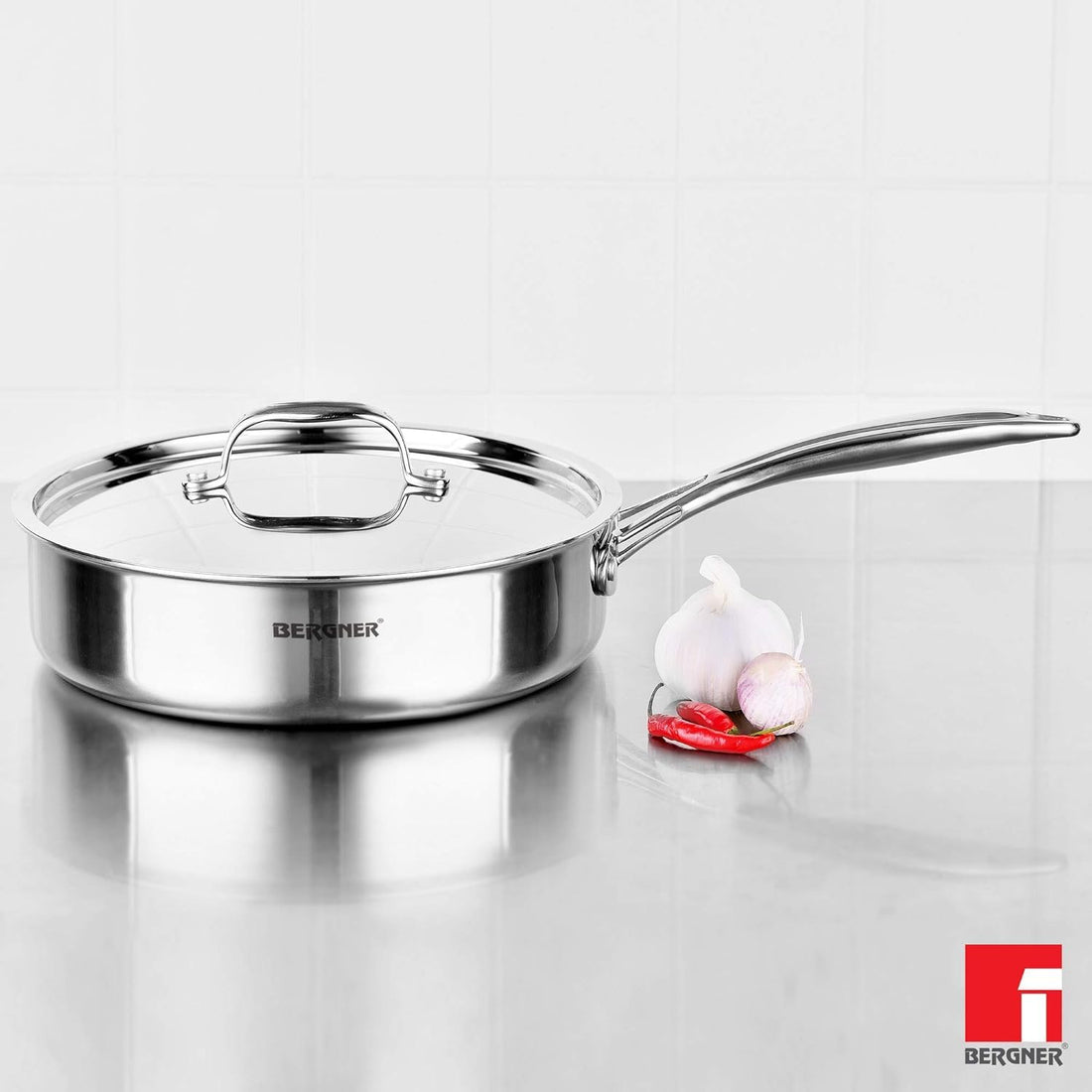BERGNER Argent TriPly Stainless Steel Sautepan with Stainless Steel Lid, Sturdy Stay Cool Cast Handle, Healthy Cooking, Less Oil Use, Food Safe, Durable - Induction and Gas Stove Ready