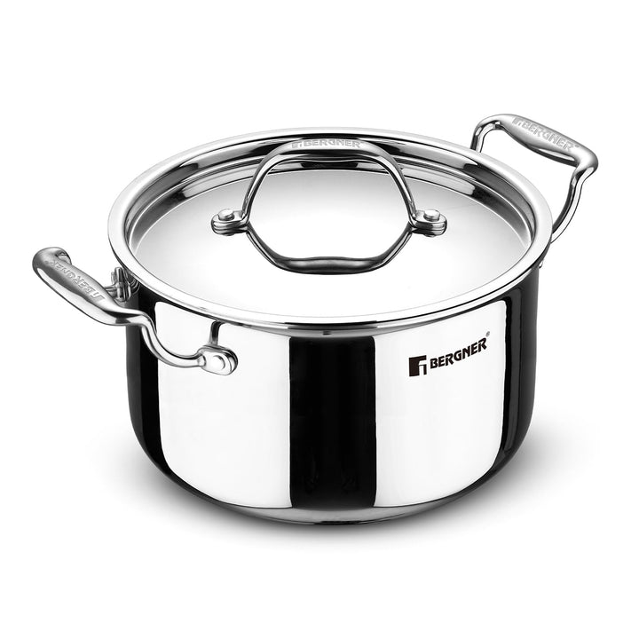 Bergner Argent TriPly Stainless Steel Casserole with Stainless Steel Lid, Stay Cool Cast Handle, Less Oil Use, Healthy Cooking, Food Safe, Durable - Induction and Gas Ready