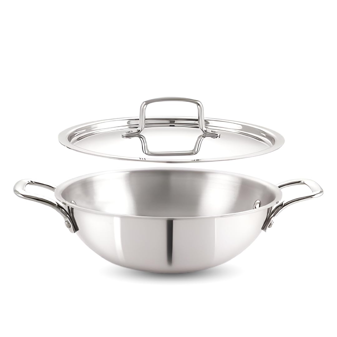 Cheftone  Premium Triply Stainless Steel Kadai with Lid |  Round Bottom Cookware | 3 Layer Stainless Steel Cookware| Even Heating Compatible with Induction & Gas Stoves