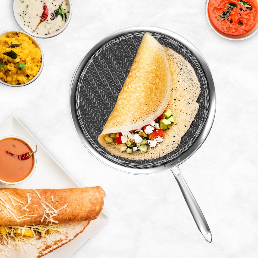 Tri-Ply Honeycomb  Dosa Tawa | 30 cm |Induction & Gas Compatible | Tawa for Dosa, Uthappam, Chapati, Roti, Naan | Metal Spatula Safe | Riveted Handle | Toxin-Free Cookware