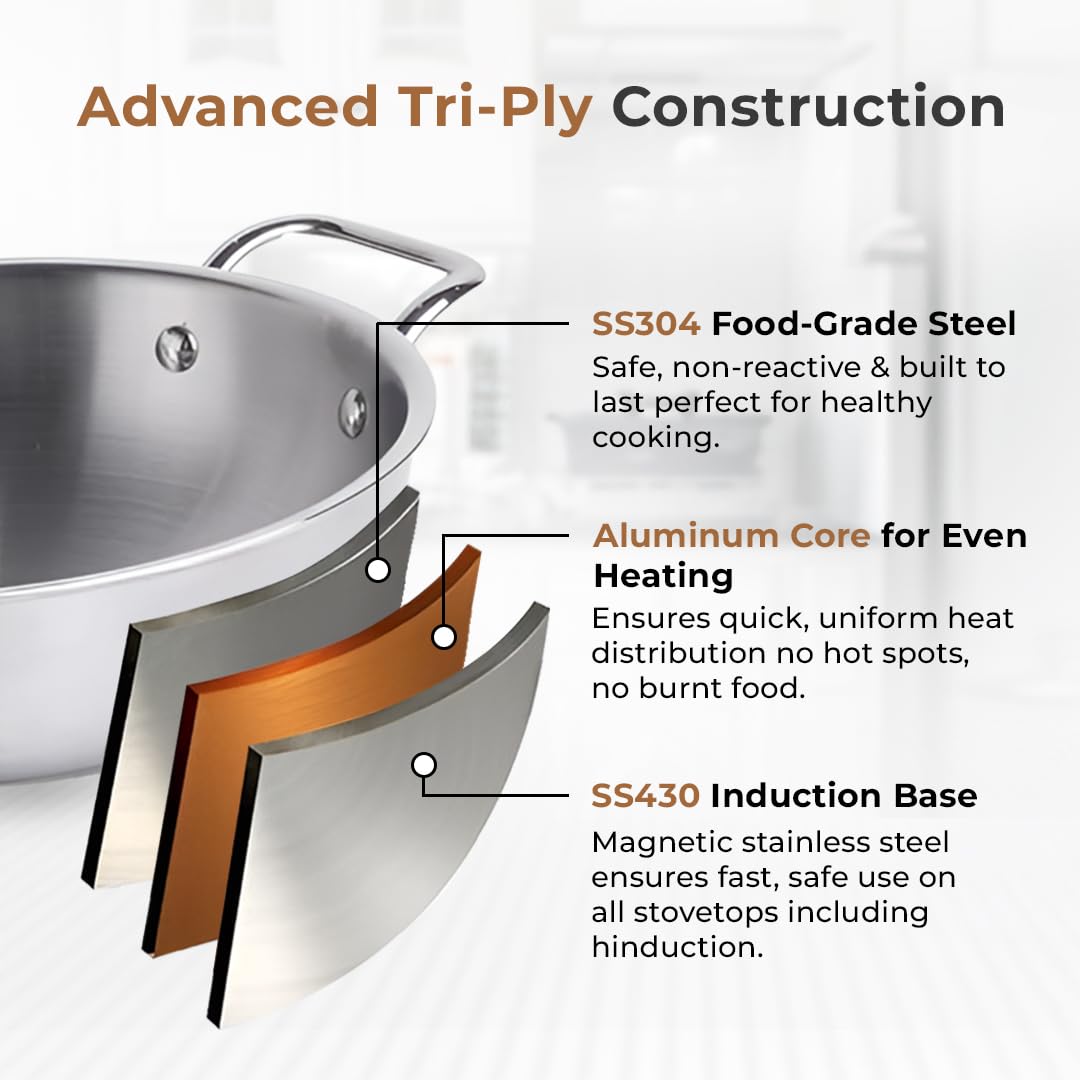 Cheftone  Premium Triply Stainless Steel Kadai with Lid |  Round Bottom Cookware | 3 Layer Stainless Steel Cookware| Even Heating Compatible with Induction & Gas Stoves