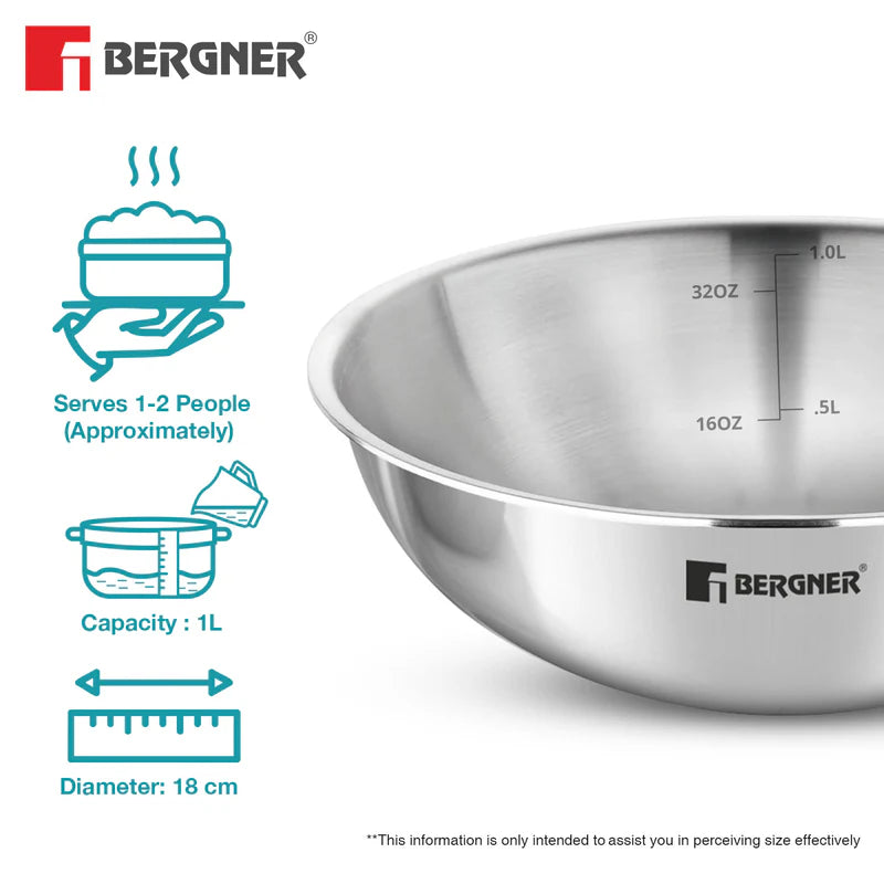 Bergner Stainless Steel Mixing Bowl with Measurement Marks – Durable & Multi-Purpose