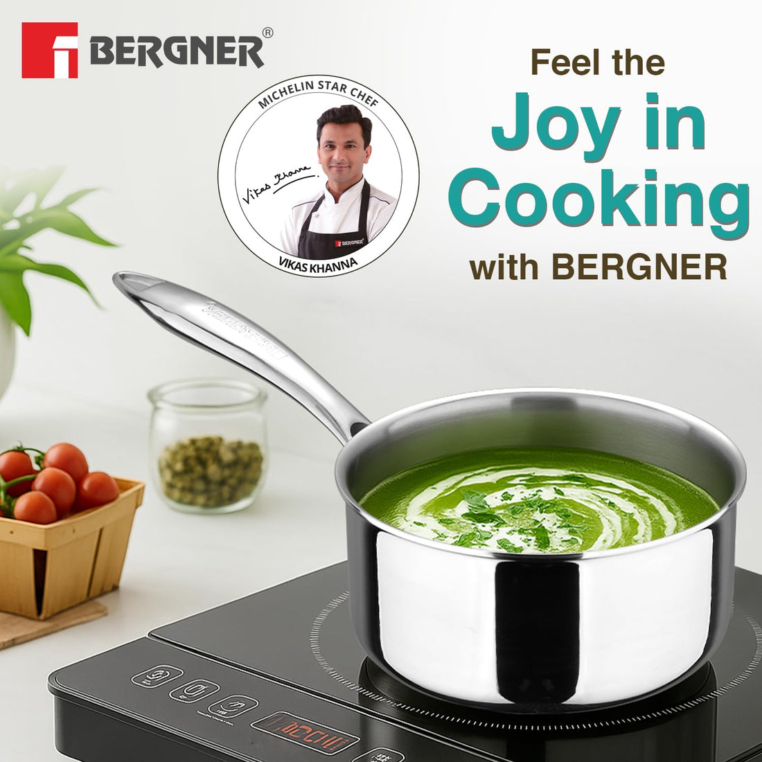 Bergner Argent TriPly Stainless Steel Saucepan with Stainless Steel Lid, Stay Cool Cast Handle, Food Safe, Less Oil Use, Durable, Healthy Cooking - Induction and Gas Stove Ready