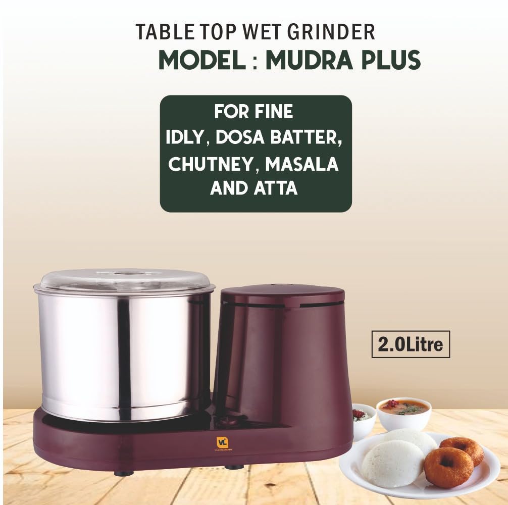 VIJAYALAKSHMI | MUDRA Plus 2 Litre | Heavy ABS Body Wet Grinder, 2L (Cherry) | with Coconut Scrapper & Atta Kneader Attachment