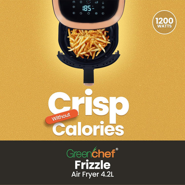 Greenchef Digital Air Fryer Frizzle with Touch Panel, uses up to 90% less fat, 8 Pre-set Menu, 1200W, 4.2 Liter (Black), Large