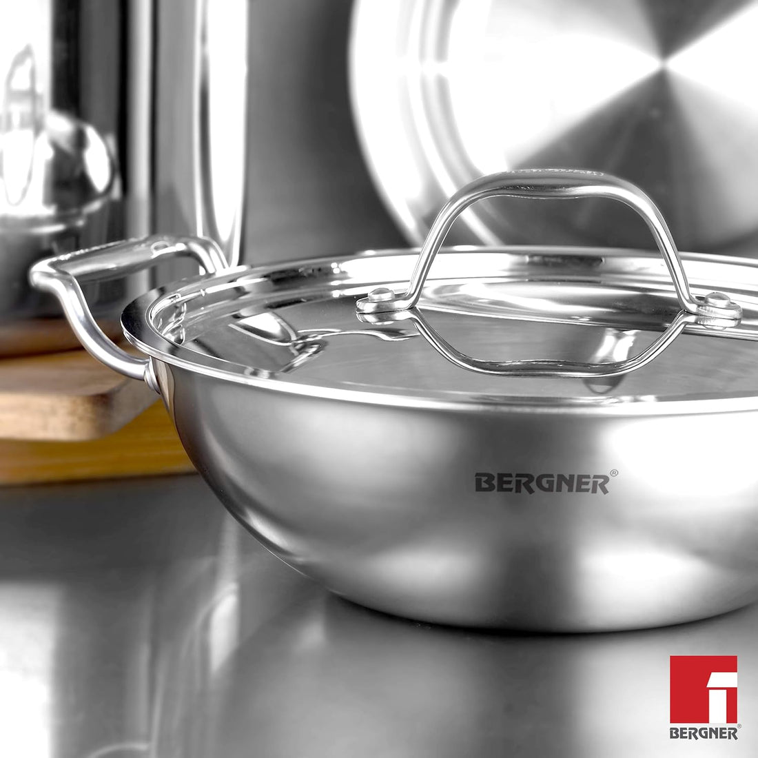 BERGNER Argent TriPly Stainless Steel Kadai with Stainless Steel Lid, Less Oil Use, Healthy Cooking, Food Safe, Stay Cool Cast Handles - Induction and Gas Stove Ready