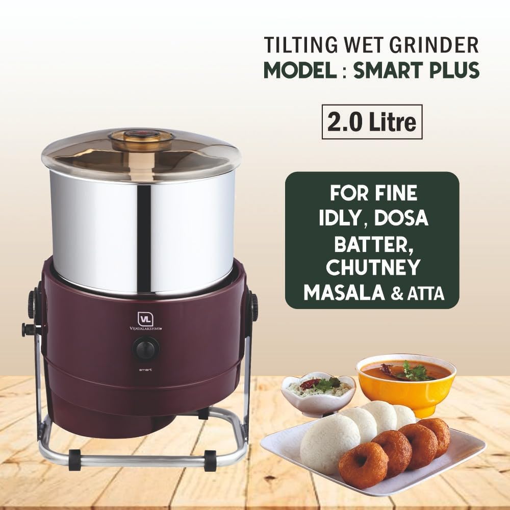 VIJAYALAKSHMI | SMART 2 Litre | Table Top Tilting Wet Grinder | With Coconut Scrapper & Atta Kneader Attachment | Heavy ABS Body Wet Grinder, 2L (Maroon)