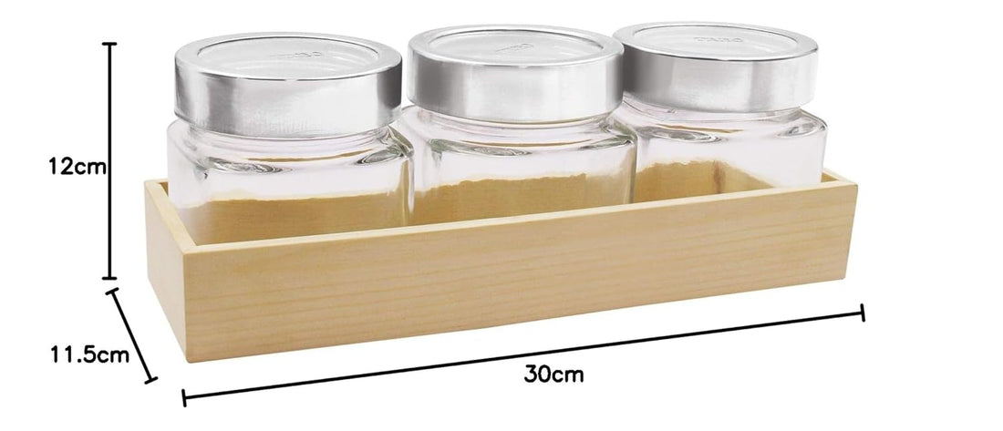 MILTON Treo Cuwood Storage Jar with Wooden Tray Set of 3, 580 Ml, Transparent