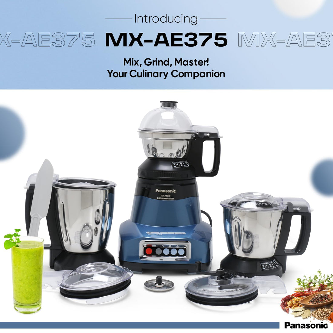 Panasonic Mixer Grinder MX-AE375 Monster 2000W Super Mixer Grinder with 3 Stainless Steel Jars, Mixie Grinder & Blender Machine for Kitchen, Warranty 2 Yrs Product & 5 Yrs Motor