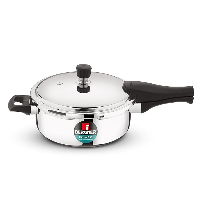 Bergner Trimax Triply Stainless Steel Outer Lid Pressure Cooker, Triply Bottom, For Healthy Cooking, Mirror Finish, Easy To Clean, Durable, Induction Base & Gas Ready, Silver, 5-Year