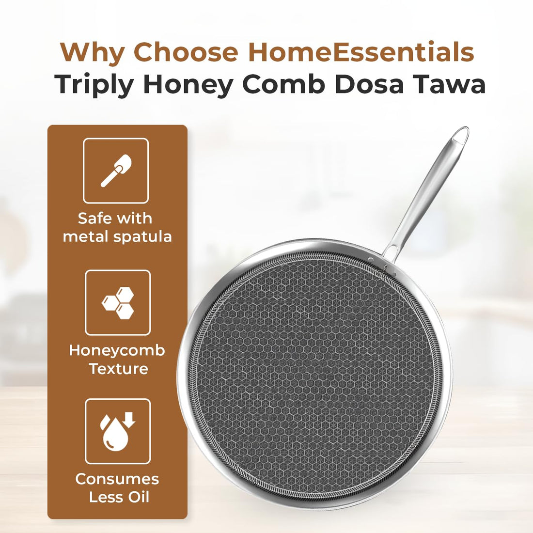Tri-Ply Honeycomb  Dosa Tawa | 30 cm |Induction & Gas Compatible | Tawa for Dosa, Uthappam, Chapati, Roti, Naan | Metal Spatula Safe | Riveted Handle | Toxin-Free Cookware