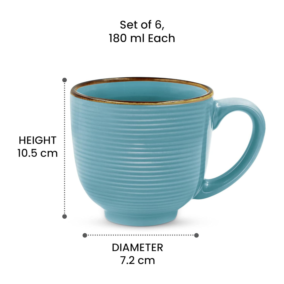 Treo by Milton Eclate Ceramic Mug, Set of 6, 180 ml Each, Turquoise | Coffee Mug | Tea | Milk | Smoothies | Microwave Safe | Dishwasher Safe | Easy to Handle