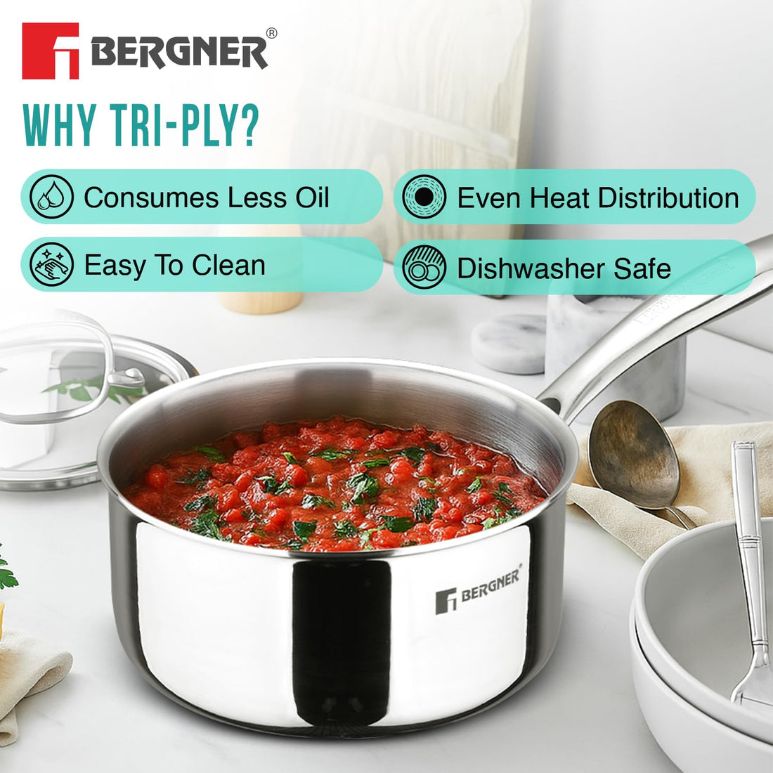 Bergner Argent TriPly Stainless Steel Saucepan with Stainless Steel Lid, Stay Cool Cast Handle, Food Safe, Less Oil Use, Durable, Healthy Cooking - Induction and Gas Stove Ready