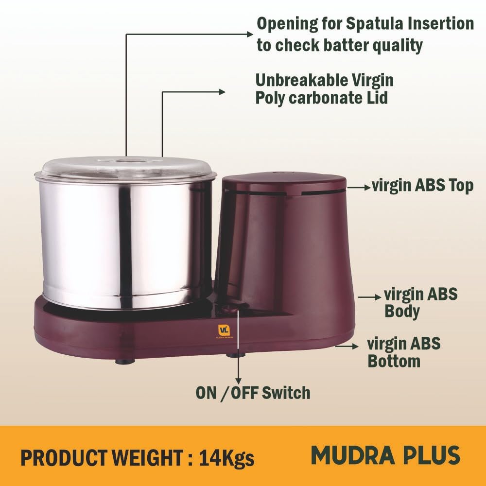 VIJAYALAKSHMI | MUDRA Plus 2 Litre | Heavy ABS Body Wet Grinder, 2L (Cherry) | with Coconut Scrapper & Atta Kneader Attachment