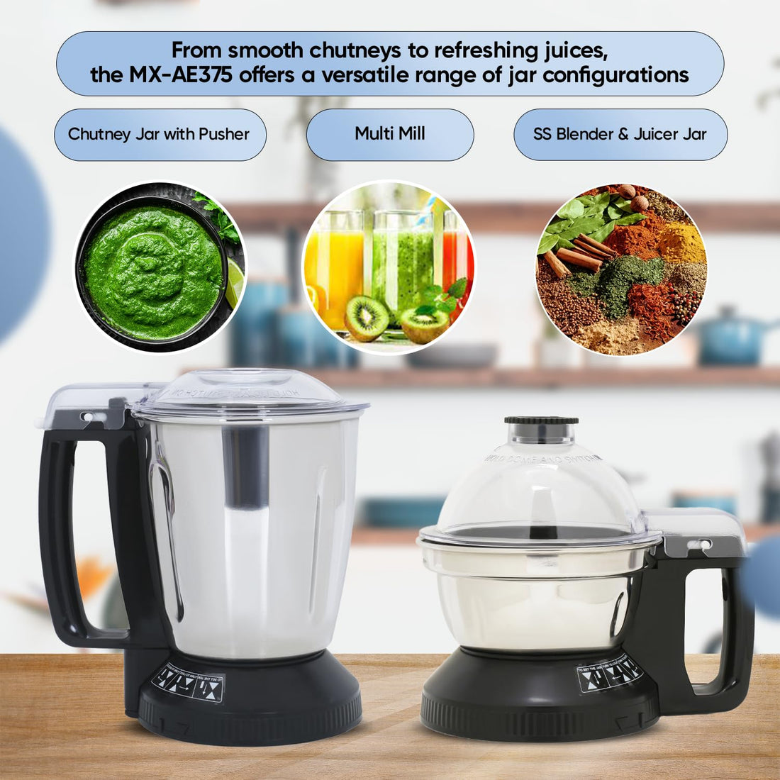 Panasonic Mixer Grinder MX-AE375 Monster 2000W Super Mixer Grinder with 3 Stainless Steel Jars, Mixie Grinder & Blender Machine for Kitchen, Warranty 2 Yrs Product & 5 Yrs Motor
