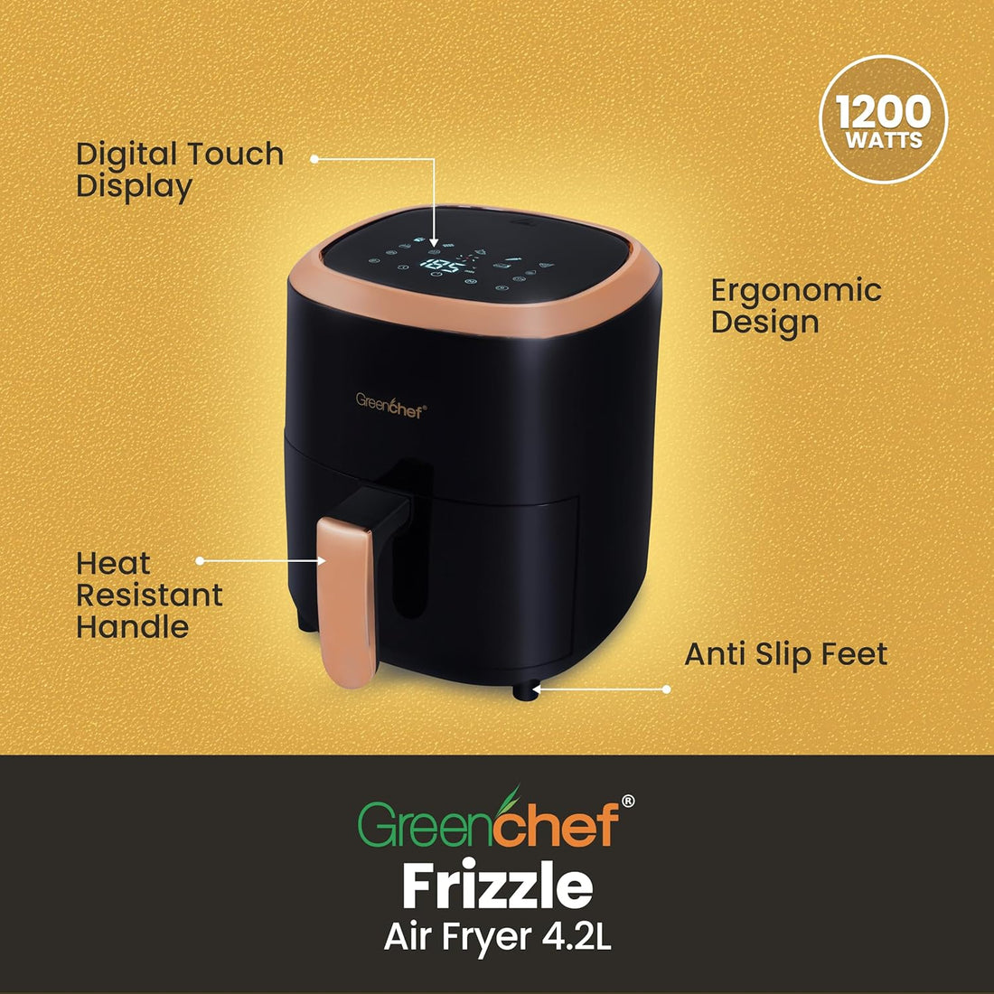Greenchef Digital Air Fryer Frizzle with Touch Panel, uses up to 90% less fat, 8 Pre-set Menu, 1200W, 4.2 Liter (Black), Large