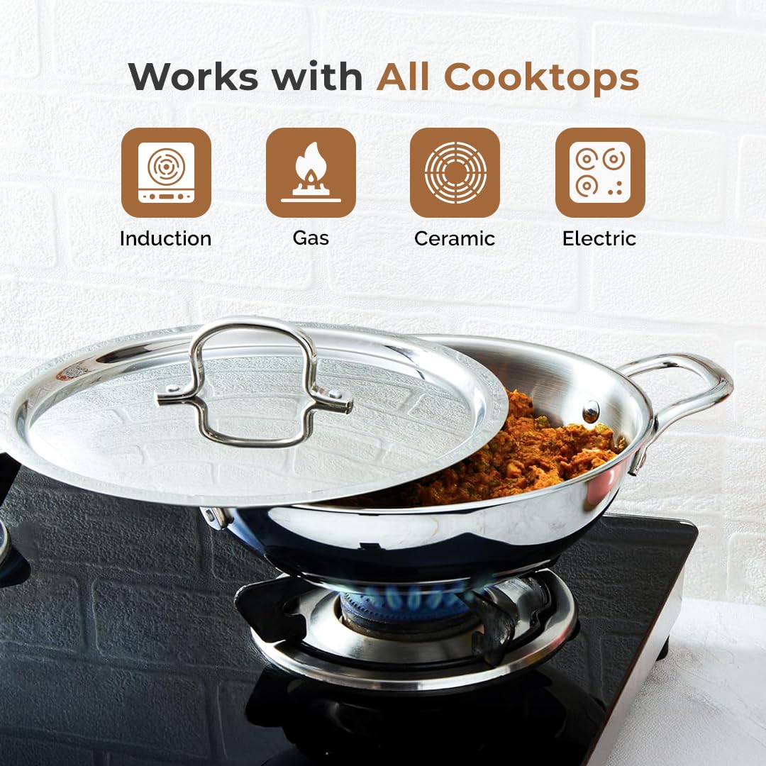 Cheftone  Premium Triply Stainless Steel Kadai with Lid |  Round Bottom Cookware | 3 Layer Stainless Steel Cookware| Even Heating Compatible with Induction & Gas Stoves