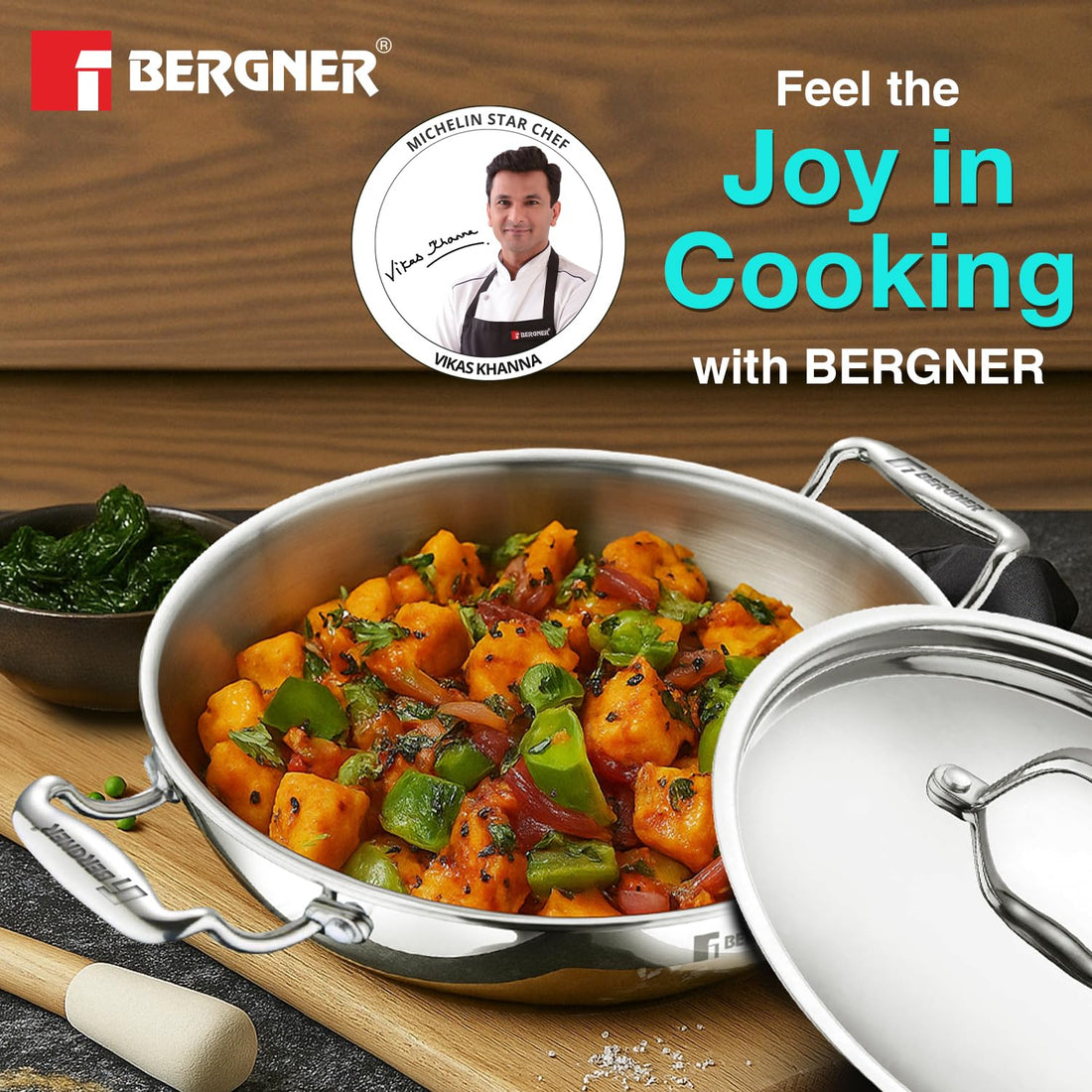 BERGNER Argent TriPly Stainless Steel Kadai with Stainless Steel Lid, Less Oil Use, Healthy Cooking, Food Safe, Stay Cool Cast Handles - Induction and Gas Stove Ready