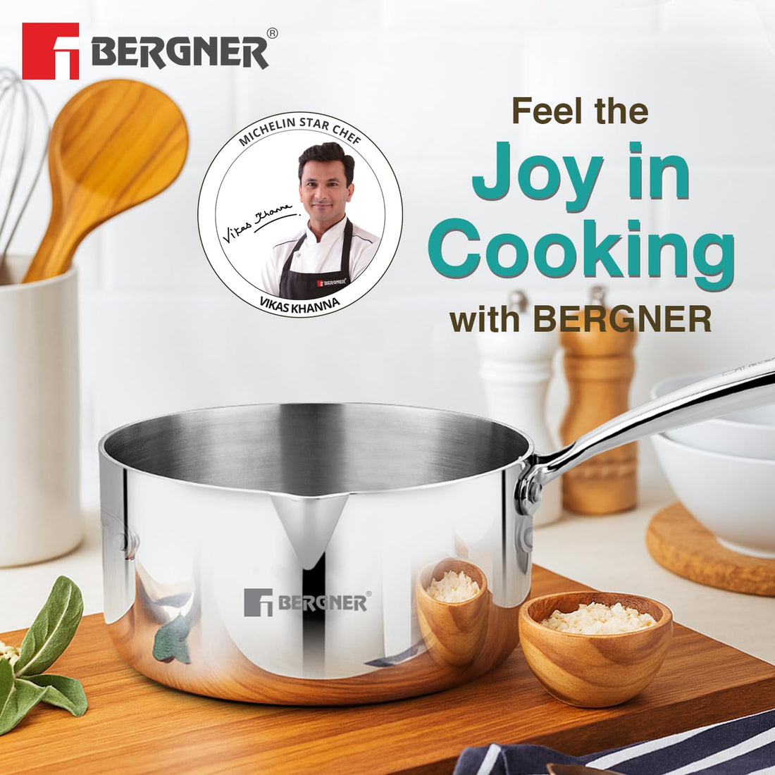 Bergner Argent TriPly Stainless Steel Milkpan/Saucepan, Stay Cool Cast Handle, Food Safe, Durable, Even Heat Distribution, Dishwasher Safe, Induction and Gas Ready, 5-Year Warranty, Silver