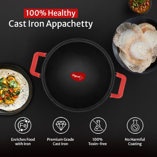Pigeon by Stovekraft Cast Iron Appachetty with Stainless Steel Lid, 22 cm | Naturally Nonstick | Pre-Seasoned with 100% Vegetable Oil | Toxin-Free | Tasty Appams | Bring Back Nostalgic Taste