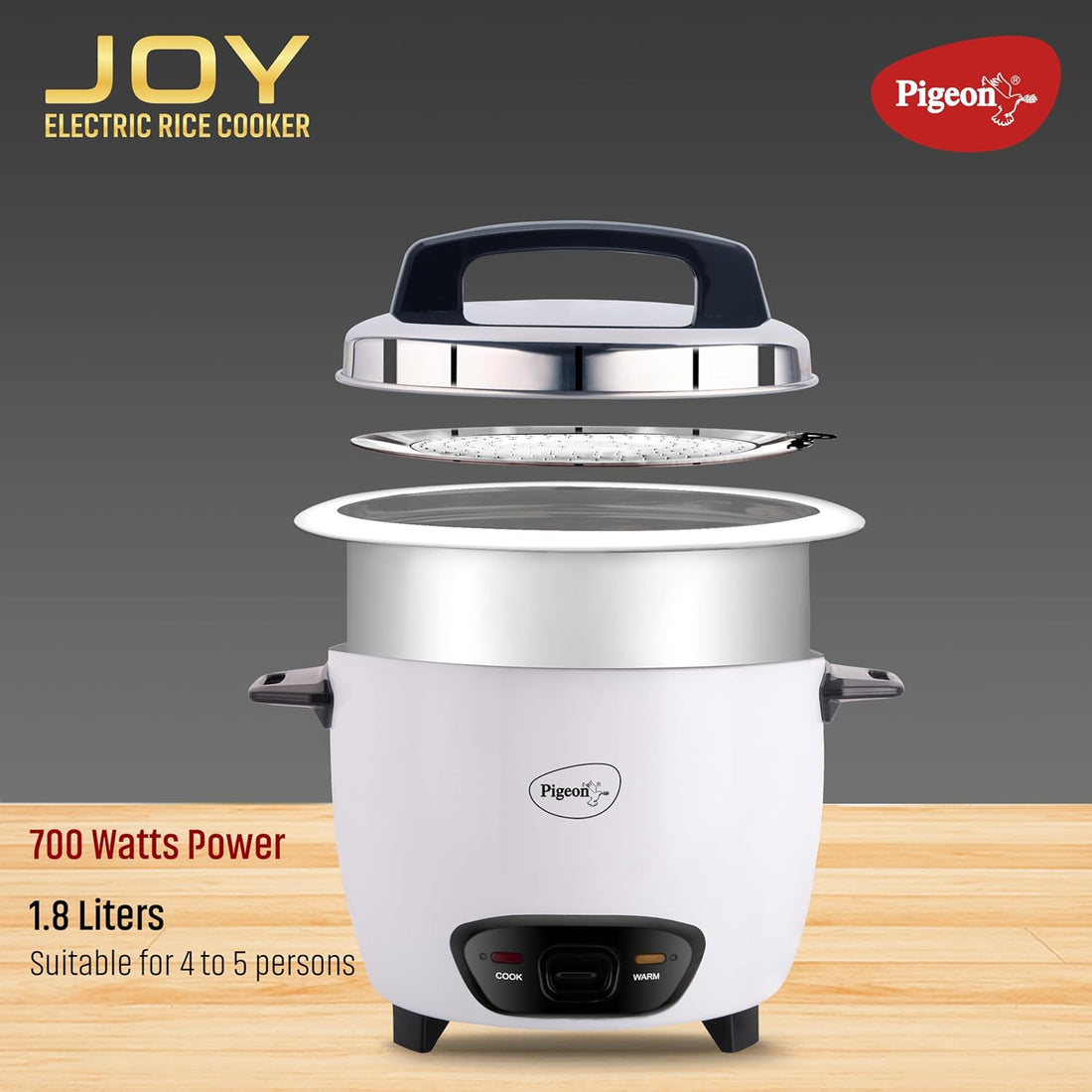 Pigeon by Stovekraft Ruby Rice Cooker with Single pot, 1.8 litres.(White) | Toughened Glass Lid | 700 Watts | 1 Aluminium Cooking Pot | Measuring Cup| Spatula | Energy Efficient Cooking