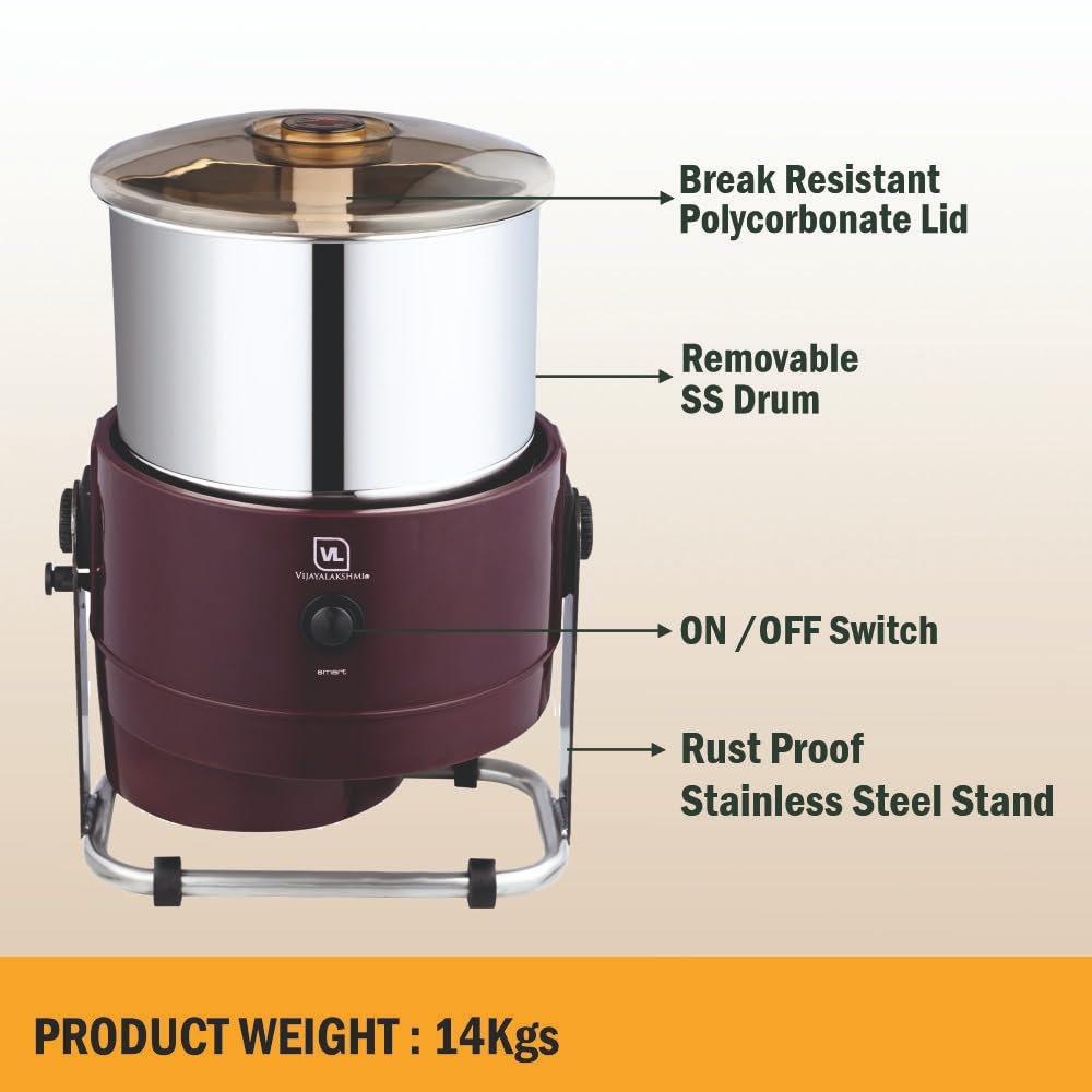 VIJAYALAKSHMI | SMART 2 Litre | Table Top Tilting Wet Grinder | With Coconut Scrapper & Atta Kneader Attachment | Heavy ABS Body Wet Grinder, 2L (Maroon)