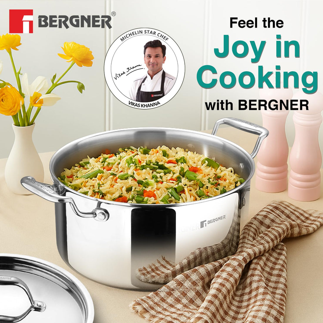 Bergner Argent TriPly Stainless Steel Casserole with Stainless Steel Lid, Stay Cool Cast Handle, Less Oil Use, Healthy Cooking, Food Safe, Durable - Induction and Gas Ready