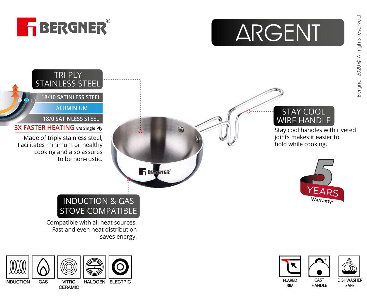 Bergner Argent TriPly Stainless Steel 12cm Tadka Pan, 500ml Capacity, For Spice Tempering/Seasoning, Laser-Etched Measuring Scale Inside, Food Grade, Healthy Cooking - Induction and Gas Stove Ready