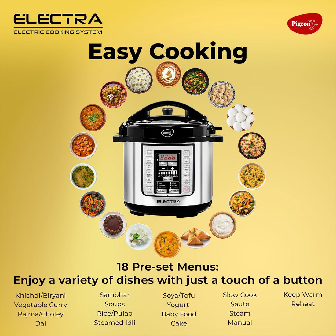 Pigeon By Stovekraft Electra Smart 3 Litre Electric Pressure Cooker with Digital Display | 18 Indian Preset Menu | Automatic Rice Cooker | Delay Timer & More (Stainless Steel)
