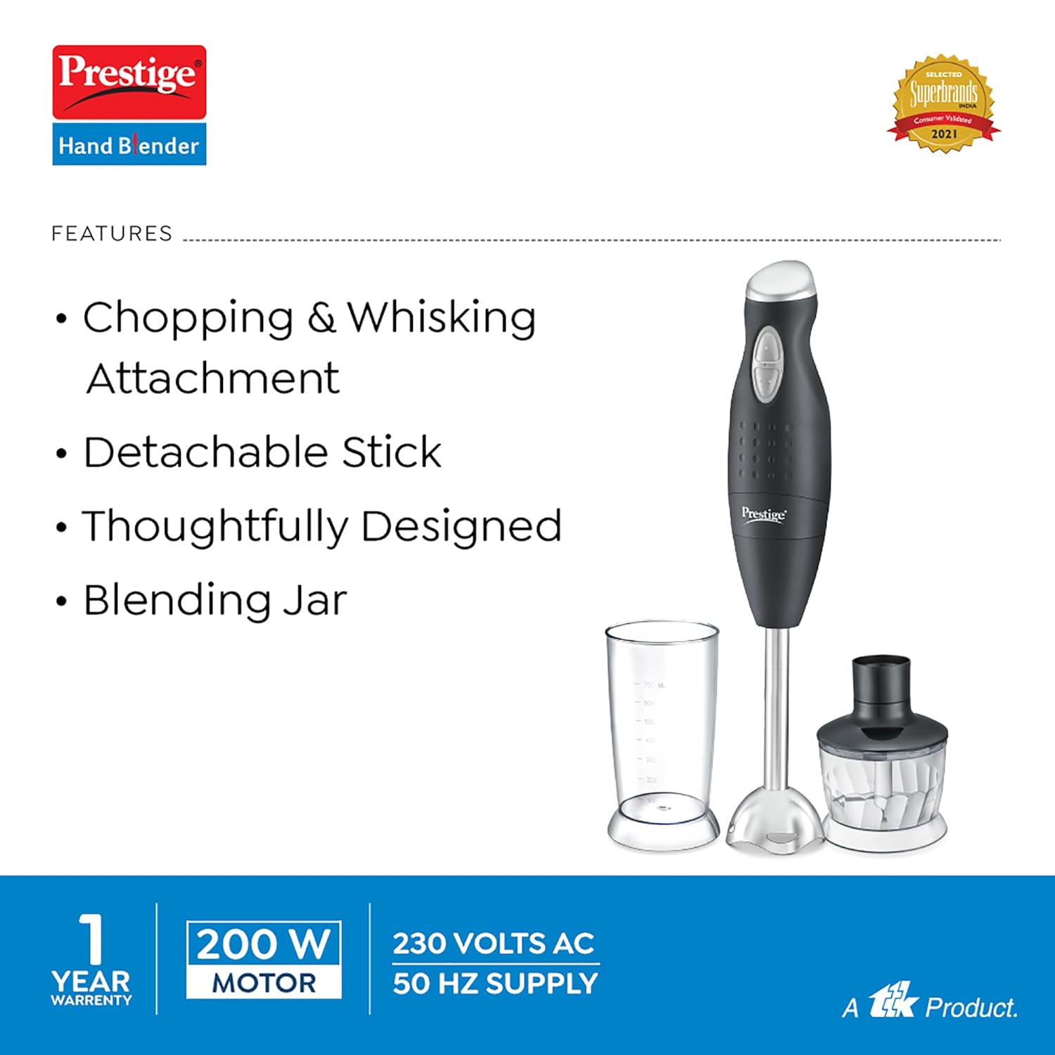Prestige PHB 6.0 200 Watt 2 Speed Hand Blender with Blending Jar, Chopping, Whisking Attachment