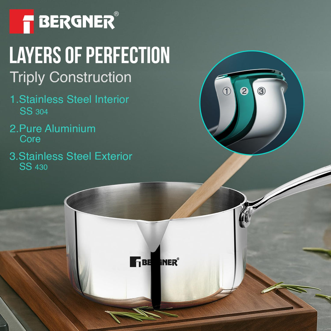 Bergner Argent TriPly Stainless Steel Milkpan/Saucepan, Stay Cool Cast Handle, Food Safe, Durable, Even Heat Distribution, Dishwasher Safe, Induction and Gas Ready, 5-Year Warranty, Silver
