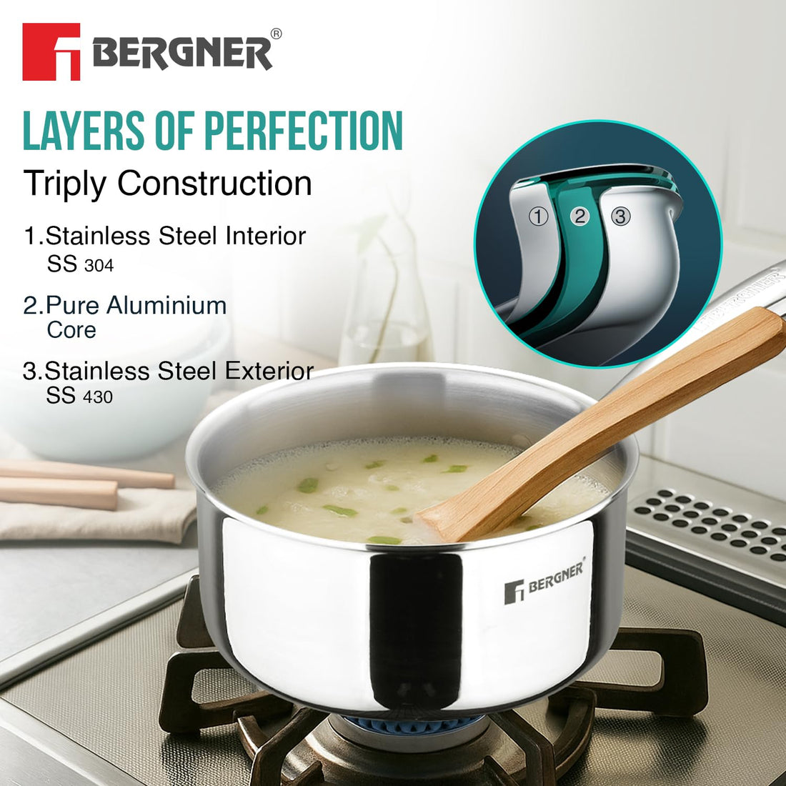 Bergner Argent TriPly Stainless Steel Saucepan with Stainless Steel Lid, Stay Cool Cast Handle, Food Safe, Less Oil Use, Durable, Healthy Cooking - Induction and Gas Stove Ready