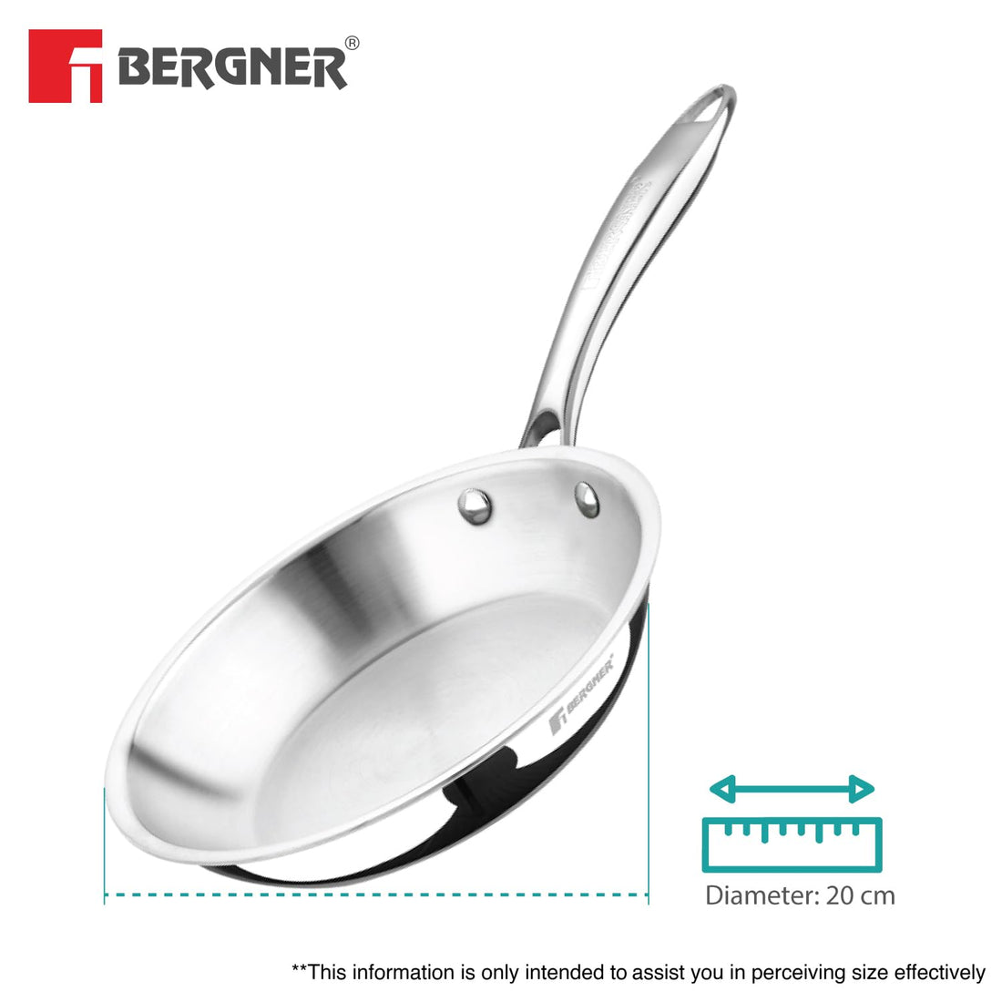BERGNER Argent TriPly 20 cm Frypan/Steel Pan, Scratch Resistant, for Spice Tempering/Seasoning, Stay Cool Long Handle, Mirror Finish, Induction Ready, 5-Year Warranty by Bergner