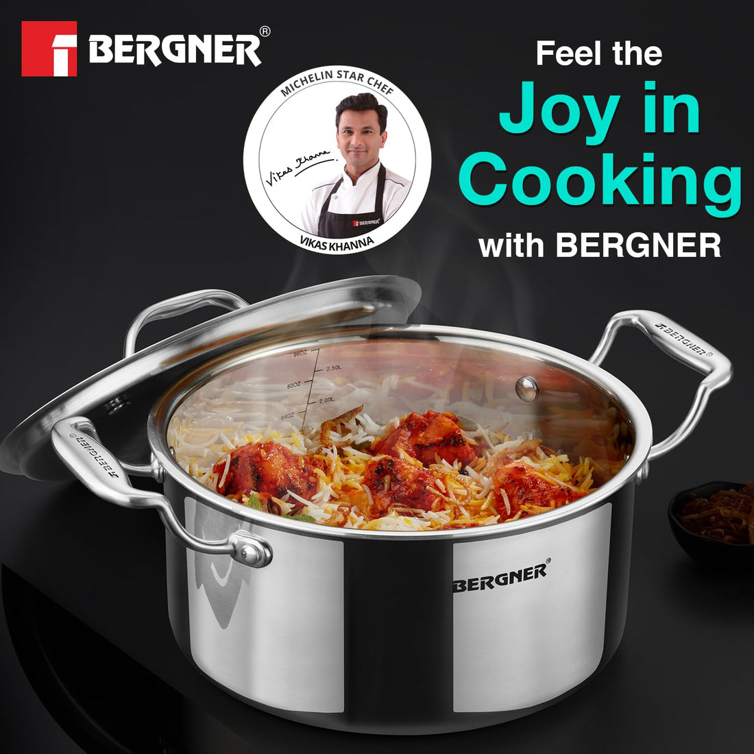Bergner Argent TriPly Stainless Steel Casserole with Stainless Steel Lid, Stay Cool Cast Handle, Less Oil Use, Healthy Cooking, Food Safe, Durable - Induction and Gas Ready
