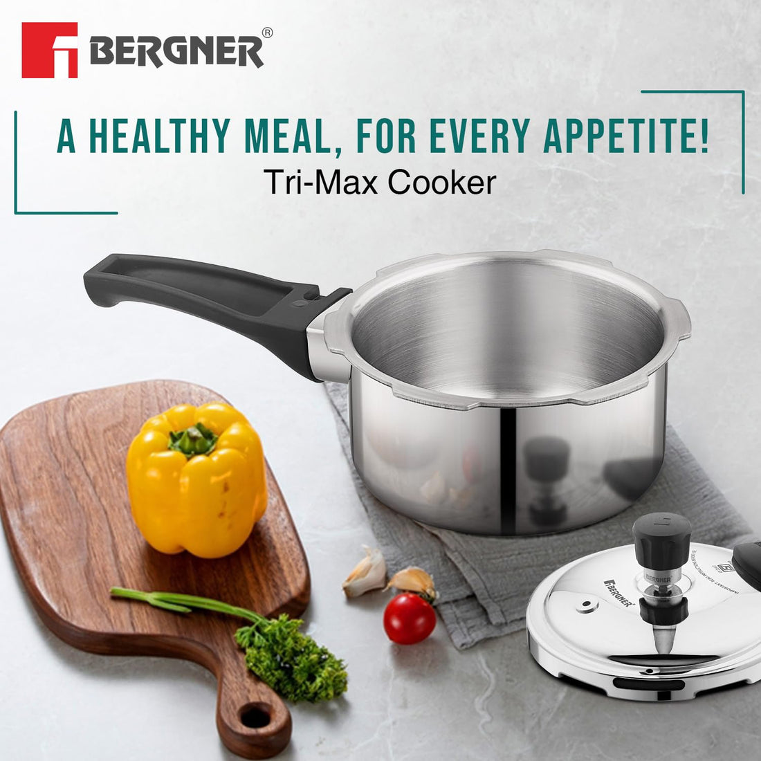 Bergner Trimax Triply Stainless Steel Outer Lid Pressure Cooker, Triply Bottom, For Healthy Cooking, Mirror Finish, Easy To Clean, Durable, Induction Base & Gas Ready, Silver, 5-Year