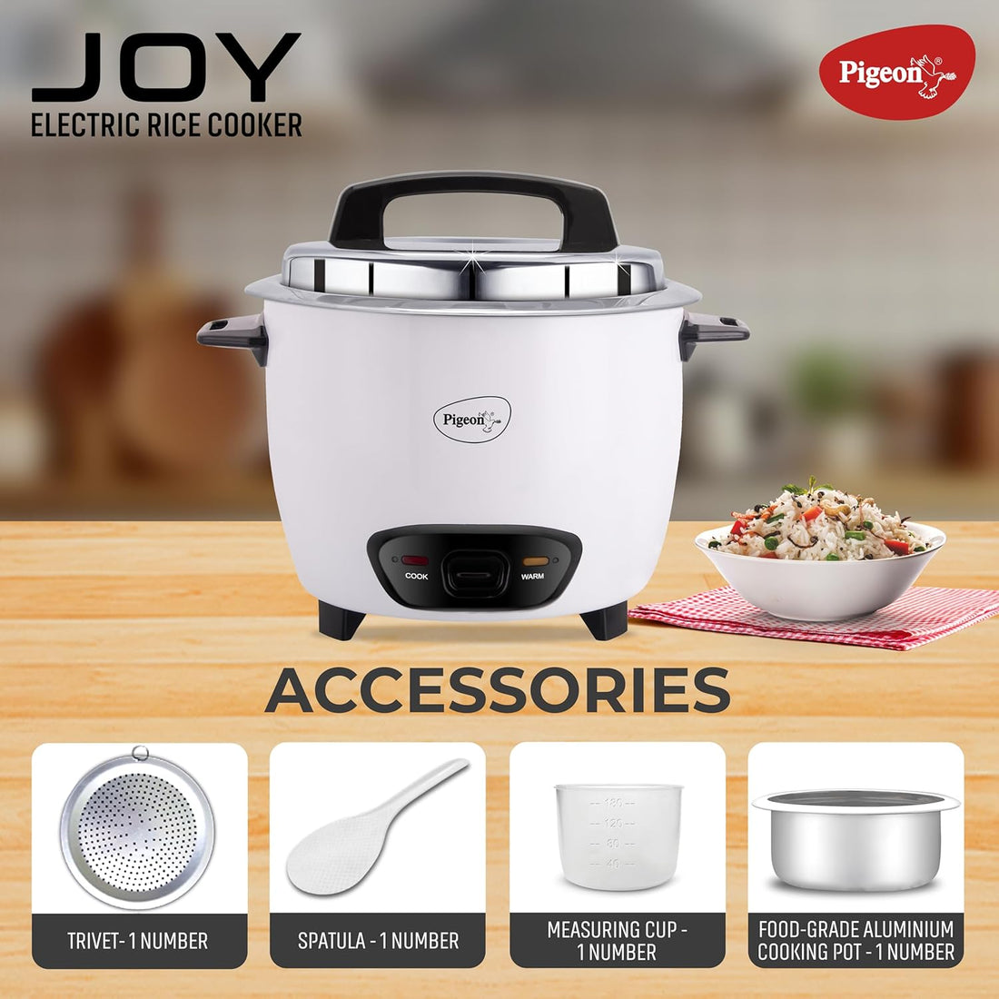 Pigeon by Stovekraft Ruby Rice Cooker with Single pot, 1.8 litres.(White) | Toughened Glass Lid | 700 Watts | 1 Aluminium Cooking Pot | Measuring Cup| Spatula | Energy Efficient Cooking