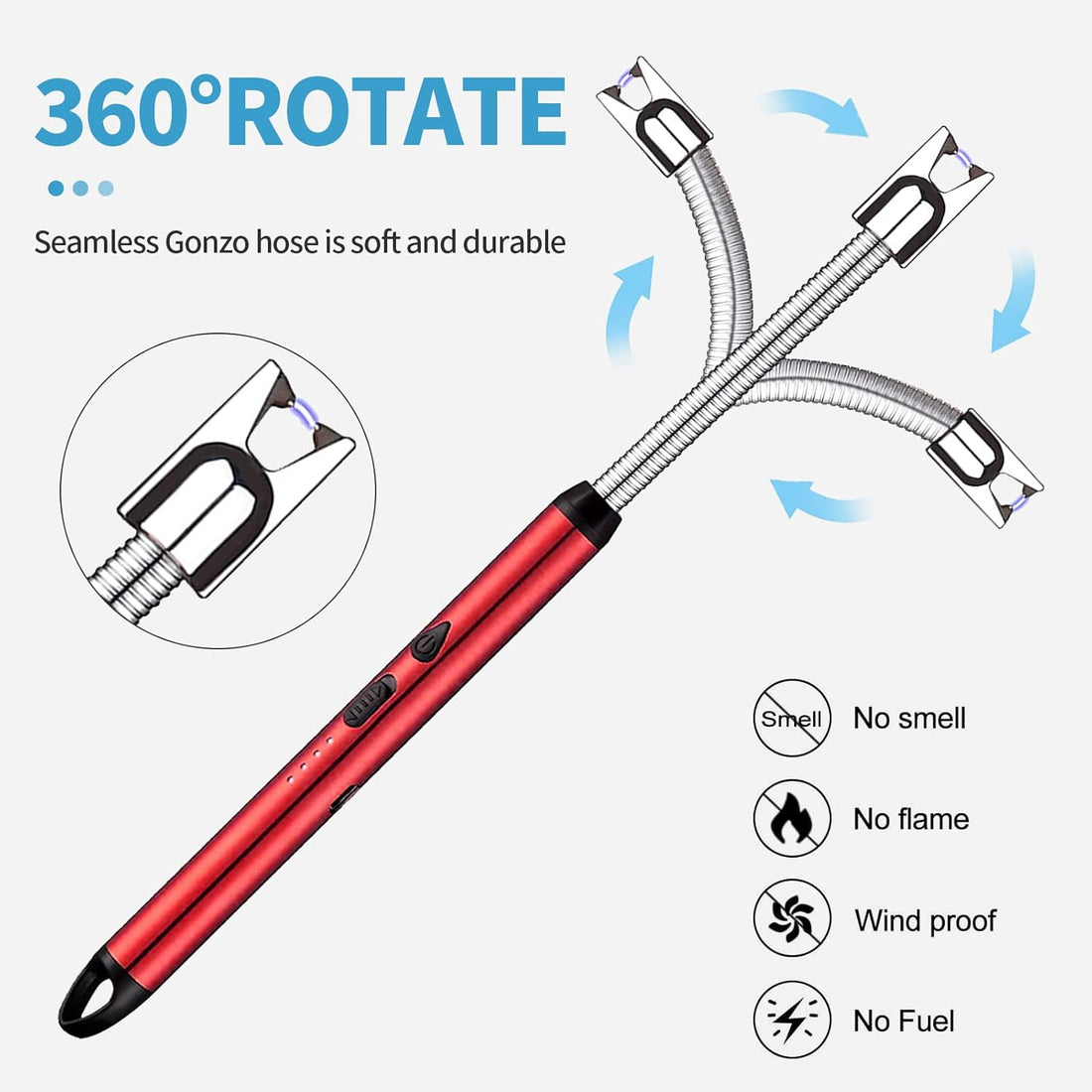Light Arc, Electric Lighter, USB Rechargeable Electric LED Display Stick Lighter with Long Flexible Neck Suitable for Kitchen, Lights, Gas Stoves, Barbecue (Red)