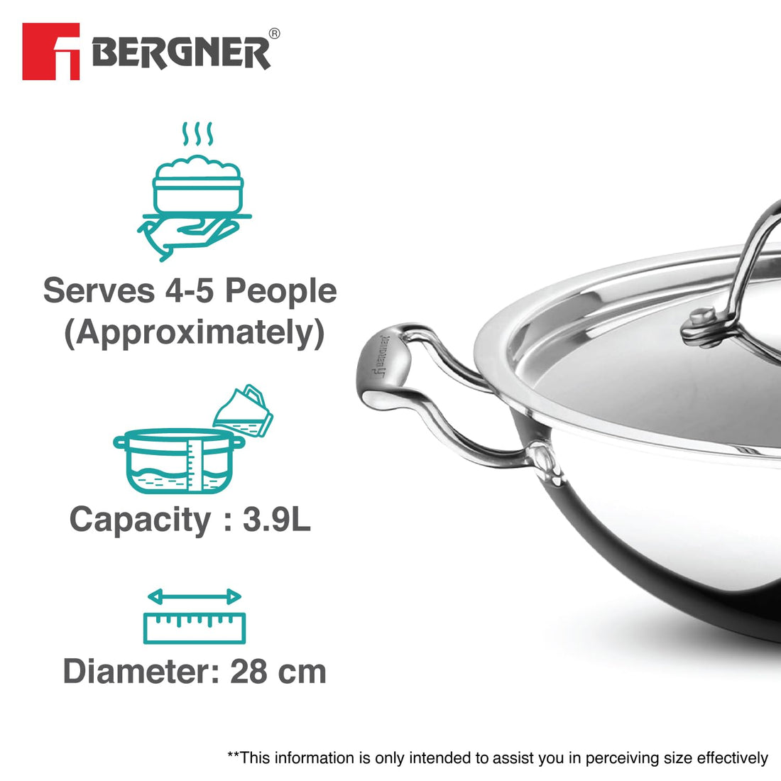 BERGNER Argent TriPly Stainless Steel Kadai with Stainless Steel Lid, Less Oil Use, Healthy Cooking, Food Safe, Stay Cool Cast Handles - Induction and Gas Stove Ready