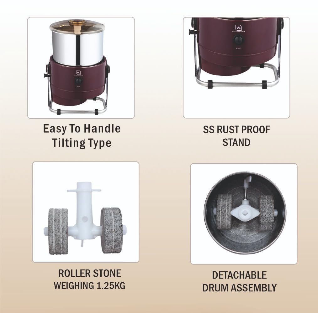 VIJAYALAKSHMI | SMART 2 Litre | Table Top Tilting Wet Grinder | With Coconut Scrapper & Atta Kneader Attachment | Heavy ABS Body Wet Grinder, 2L (Maroon)