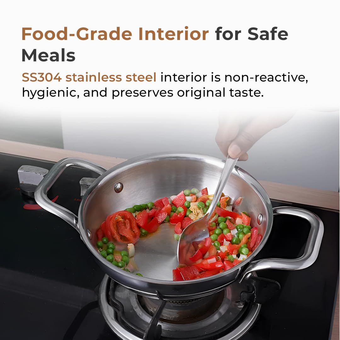 Cheftone  Premium Triply Stainless Steel Kadai with Lid |  Round Bottom Cookware | 3 Layer Stainless Steel Cookware| Even Heating Compatible with Induction & Gas Stoves