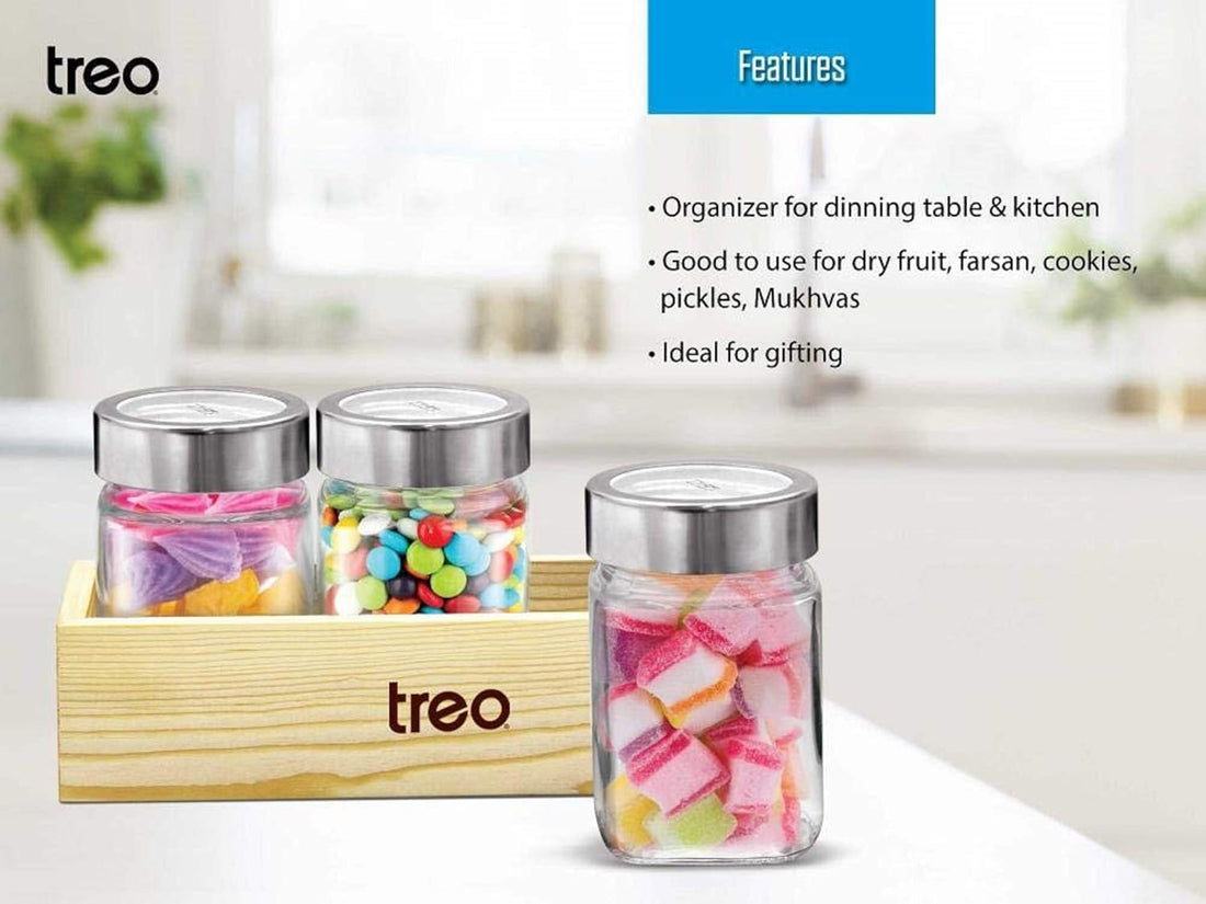 MILTON Treo Cuwood Storage Jar with Wooden Tray Set of 3, 580 Ml, Transparent