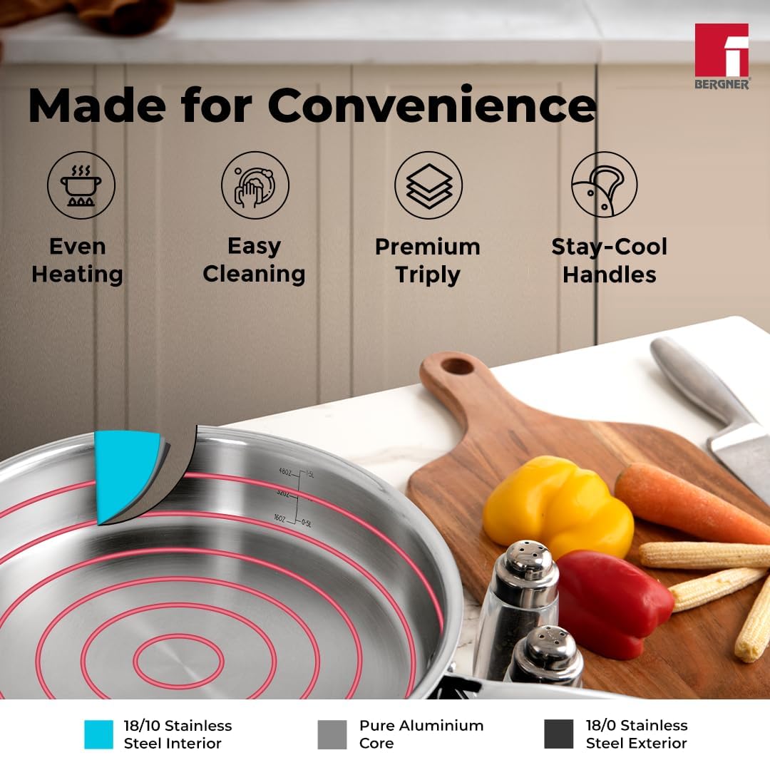 BERGNER Argent TriPly Stainless Steel Sautepan with Stainless Steel Lid, Sturdy Stay Cool Cast Handle, Healthy Cooking, Less Oil Use, Food Safe, Durable - Induction and Gas Stove Ready