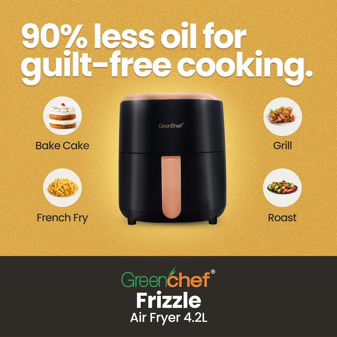 Greenchef Digital Air Fryer Frizzle with Touch Panel, uses up to 90% less fat, 8 Pre-set Menu, 1200W, 4.2 Liter (Black), Large