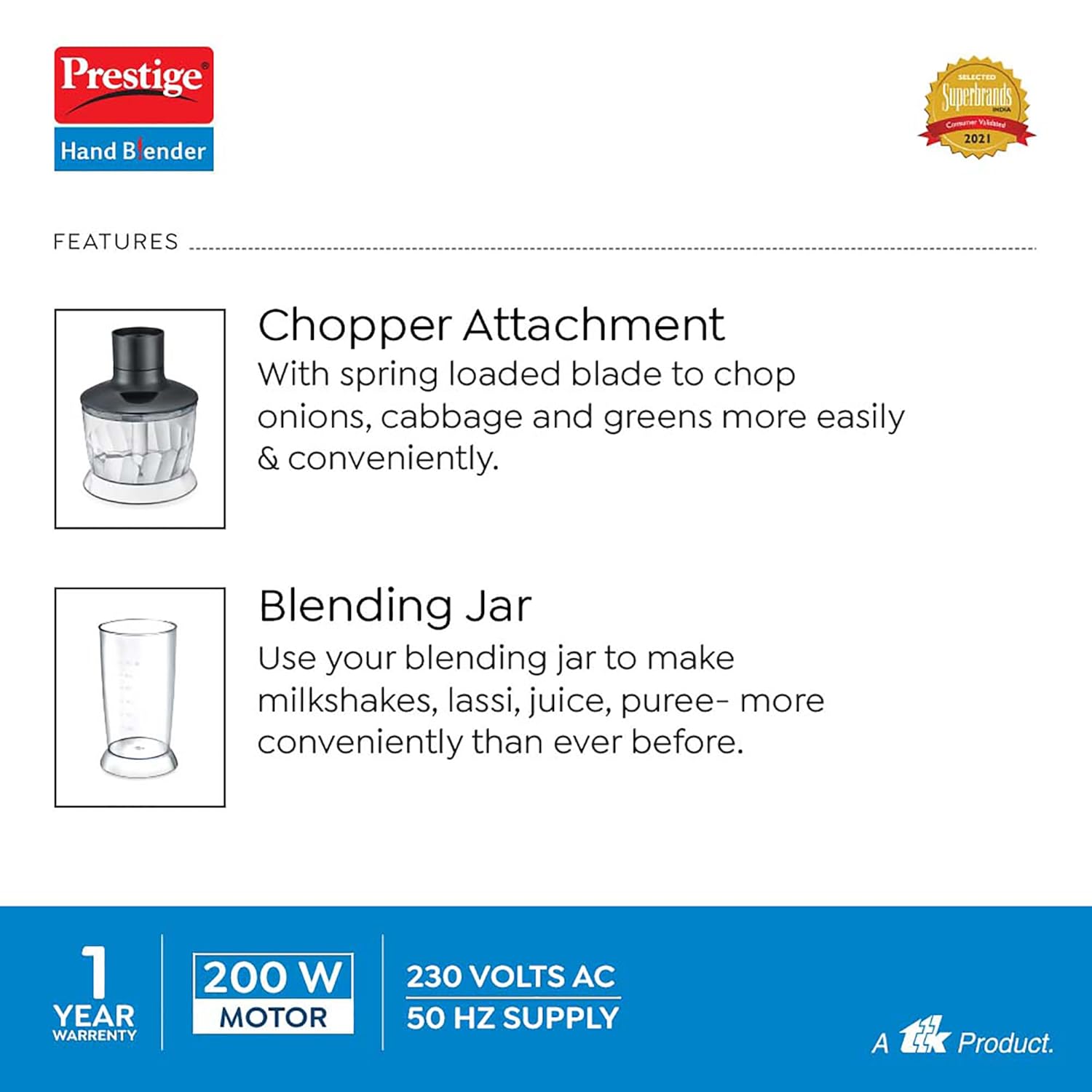 Prestige PHB 6.0 200 Watt 2 Speed Hand Blender with Blending Jar, Chopping, Whisking Attachment