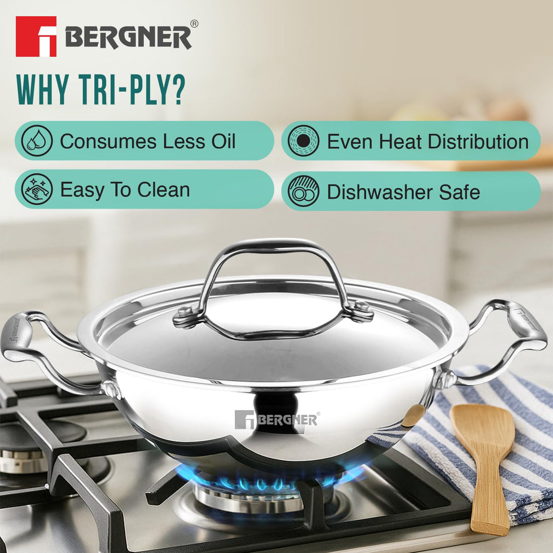 BERGNER Argent TriPly Stainless Steel Kadai with Stainless Steel Lid, Less Oil Use, Healthy Cooking, Food Safe, Stay Cool Cast Handles - Induction and Gas Stove Ready