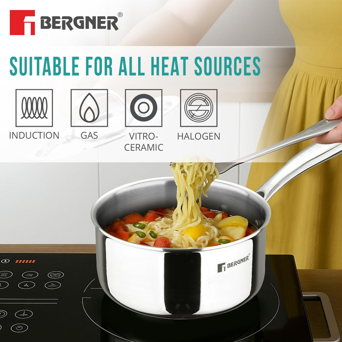 Bergner Argent TriPly Stainless Steel Saucepan with Stainless Steel Lid, Stay Cool Cast Handle, Food Safe, Less Oil Use, Durable, Healthy Cooking - Induction and Gas Stove Ready