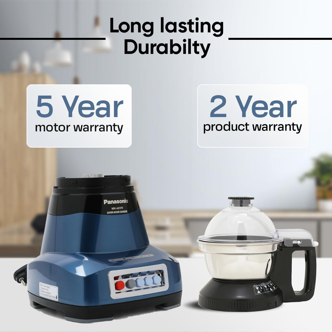 Panasonic Mixer Grinder MX-AE375 Monster 2000W Super Mixer Grinder with 3 Stainless Steel Jars, Mixie Grinder & Blender Machine for Kitchen, Warranty 2 Yrs Product & 5 Yrs Motor